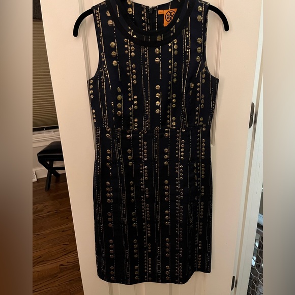 Tory Burch Sylie Sheath Dress Navy and Gold - Picture 1 of 7
